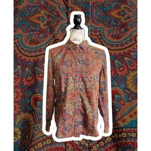 VTG 90s Does 70s Jones New York Top Button Down Paisley Print Shirt Hippy Style